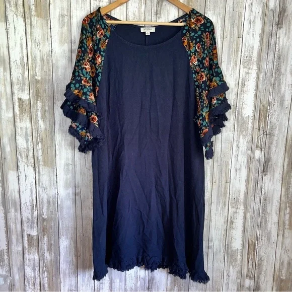 Umgee Navy Printed Accent Flutter Sleeve Fray Edge Dress - Picture 1 of 5